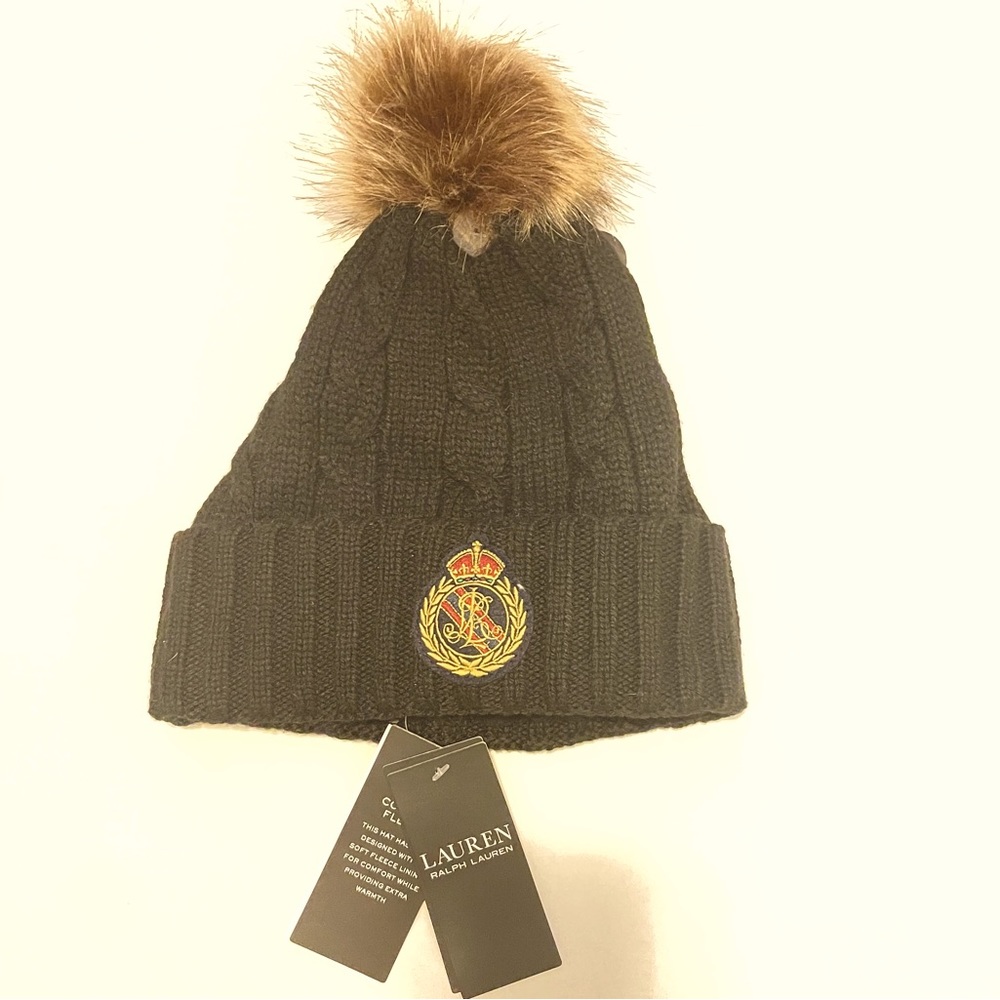 Ralph Lauren Women's Cable-Knit Crest-Patch Pom-Pom Hat, Black